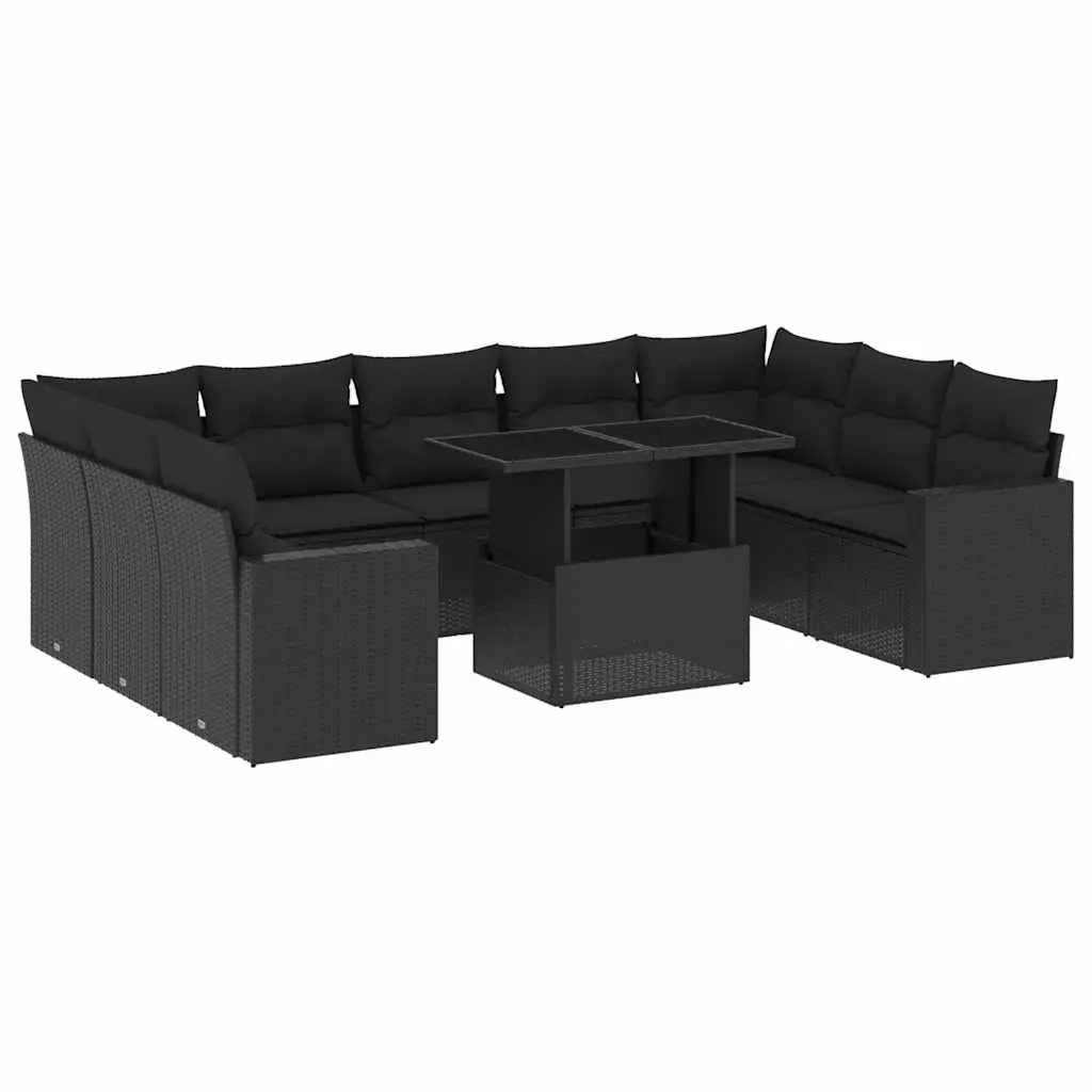 10 Piece Garden Sofa Set with Cushions Black Poly Rattan 3267475 - Furniture
