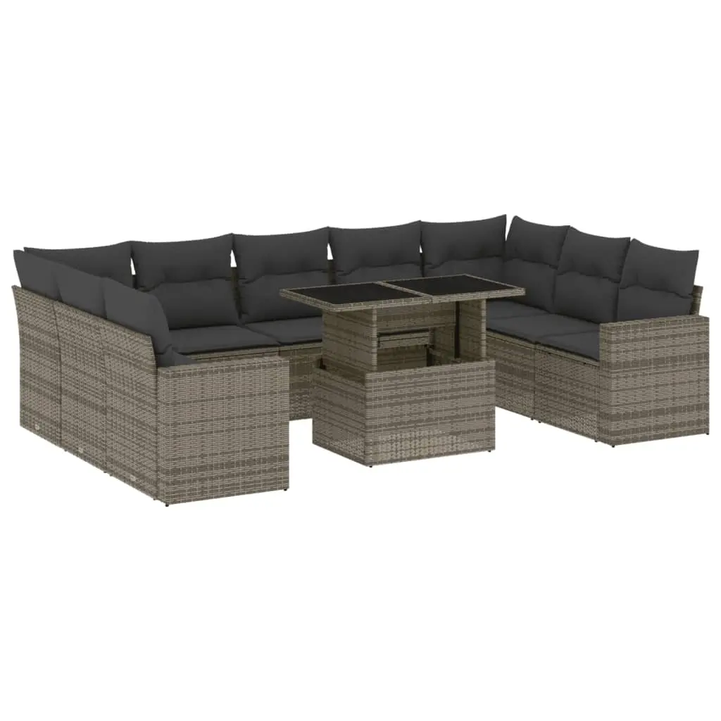 10 Piece Garden Sofa Set with Cushions Grey Poly Rattan 3267480 - Furniture