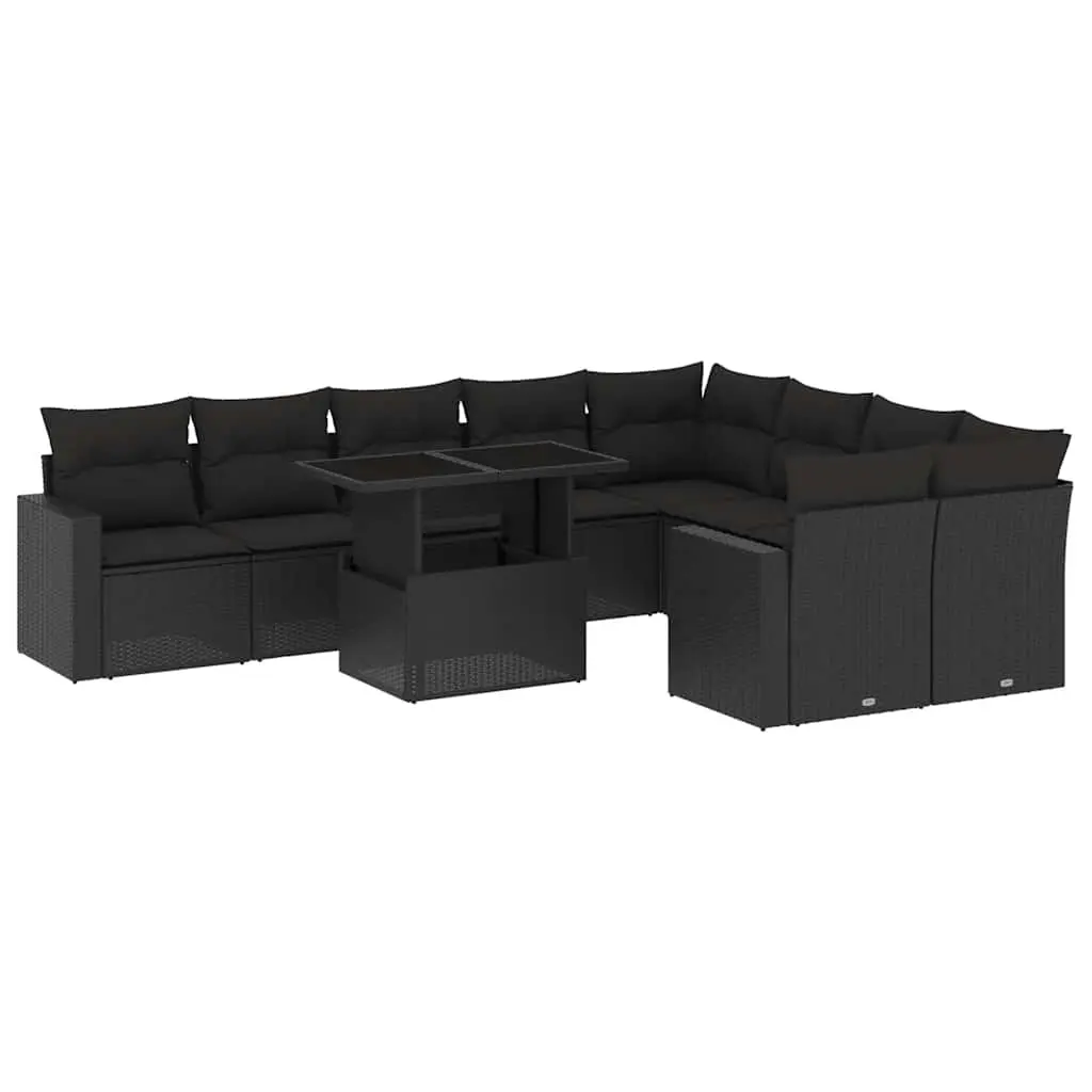 10 Piece Garden Sofa Set with Cushions Black Poly Rattan 3267495 - Furniture
