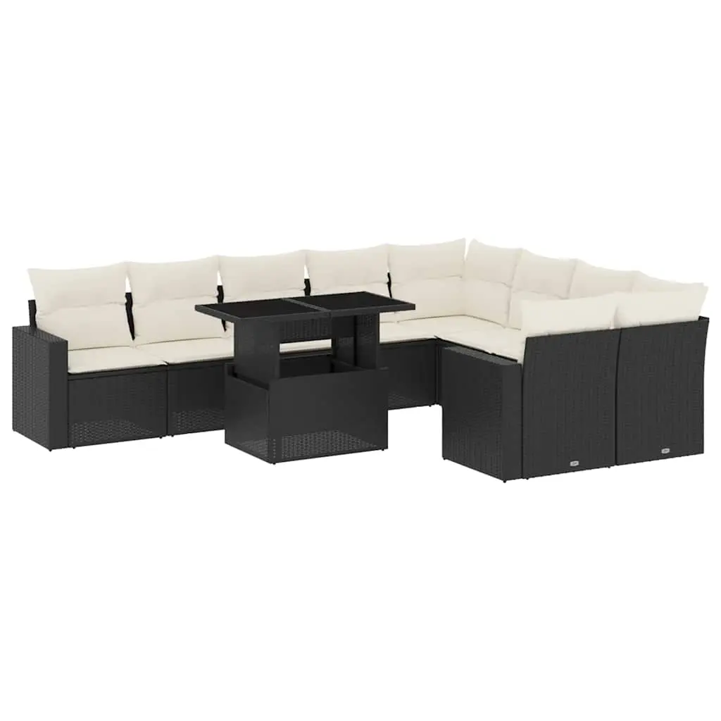 10 Piece Garden Sofa Set with Cushions Black Poly Rattan 3267496 - Furniture