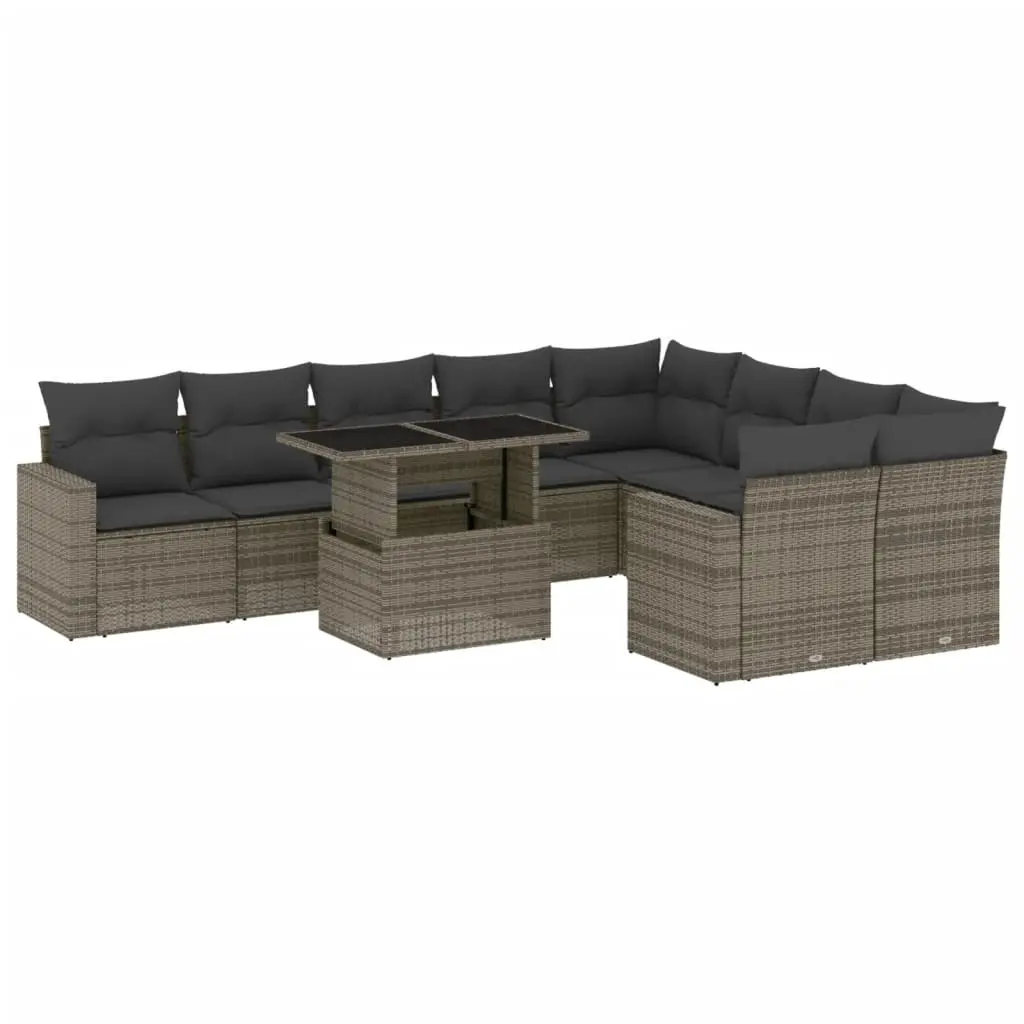 10 Piece Garden Sofa Set with Cushions Grey Poly Rattan 3267500 - Furniture