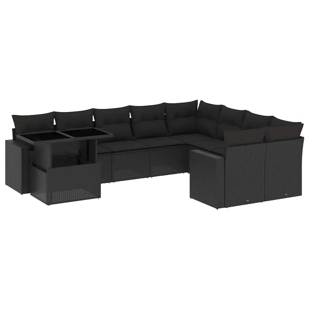 10 Piece Garden Sofa Set with Cushions Black Poly Rattan 3267505 - Furniture