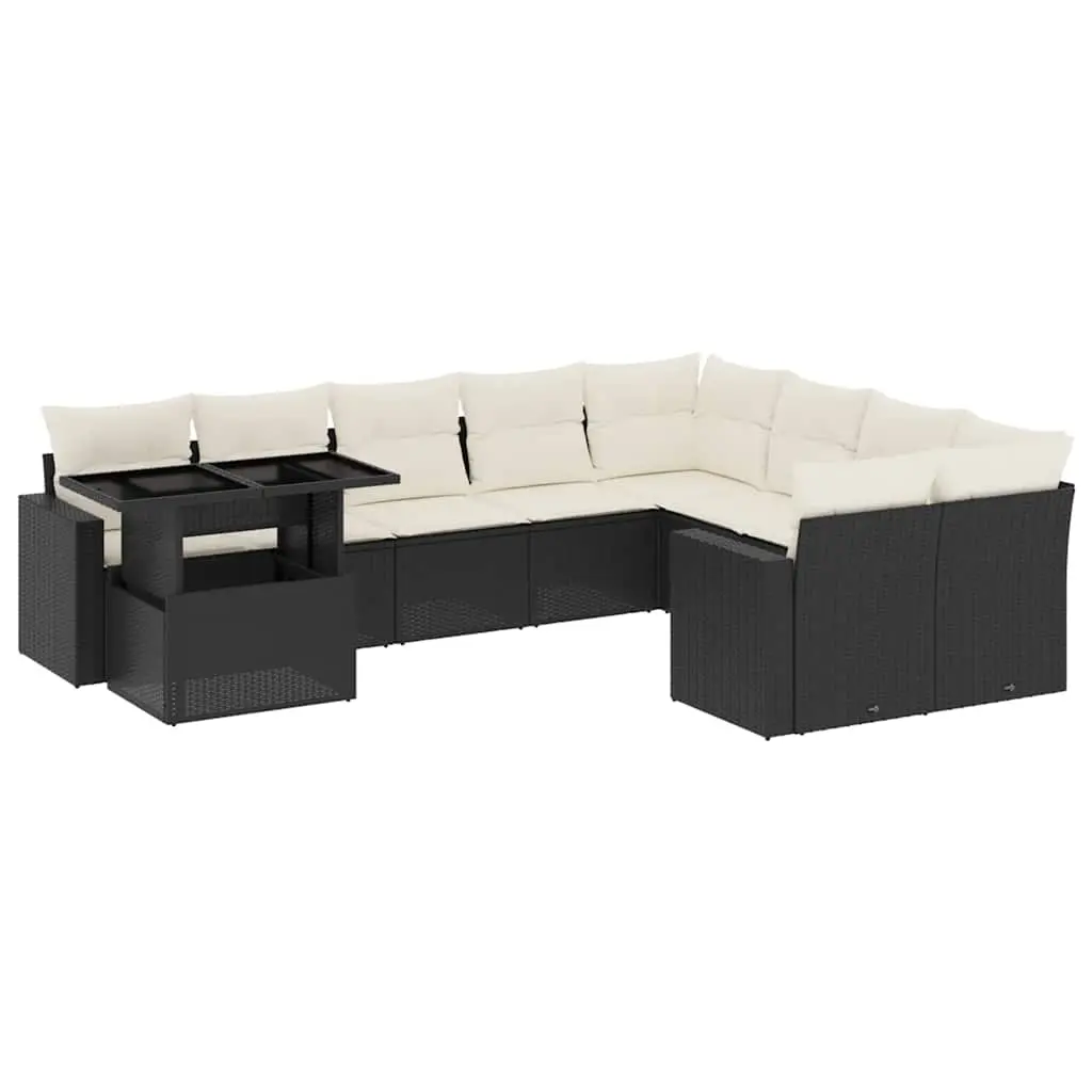 10 Piece Garden Sofa Set with Cushions Black Poly Rattan 3267506 - Furniture
