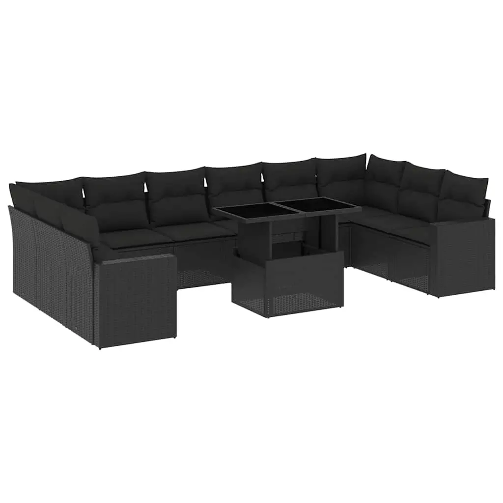 11 Piece Garden Sofa Set with Cushions Black Poly Rattan 3267515 - Furniture