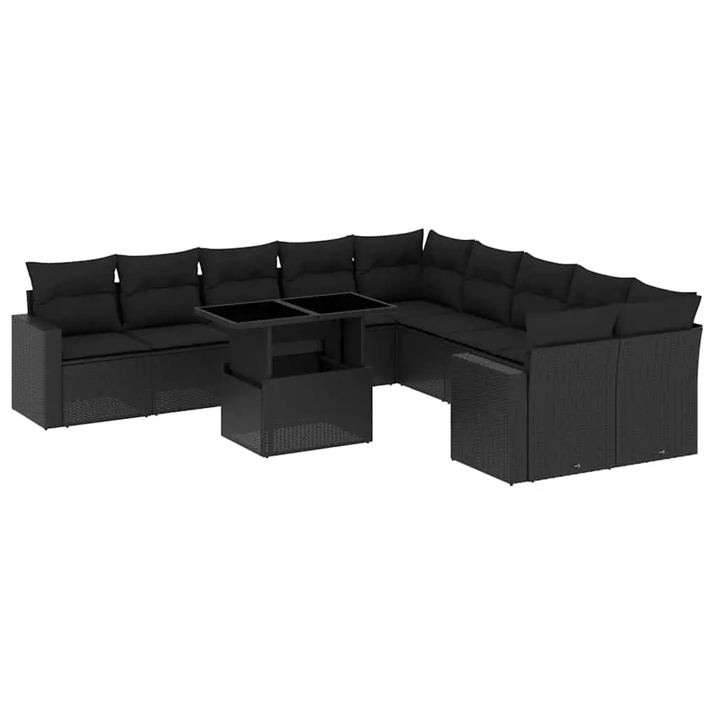 11 Piece Garden Sofa Set with Cushions Black Poly Rattan 3267535 - Furniture