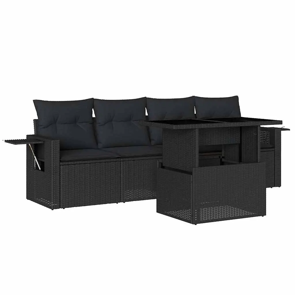 5 Piece Garden Sofa Set with Cushions Black Poly Rattan 3267725 - Furniture