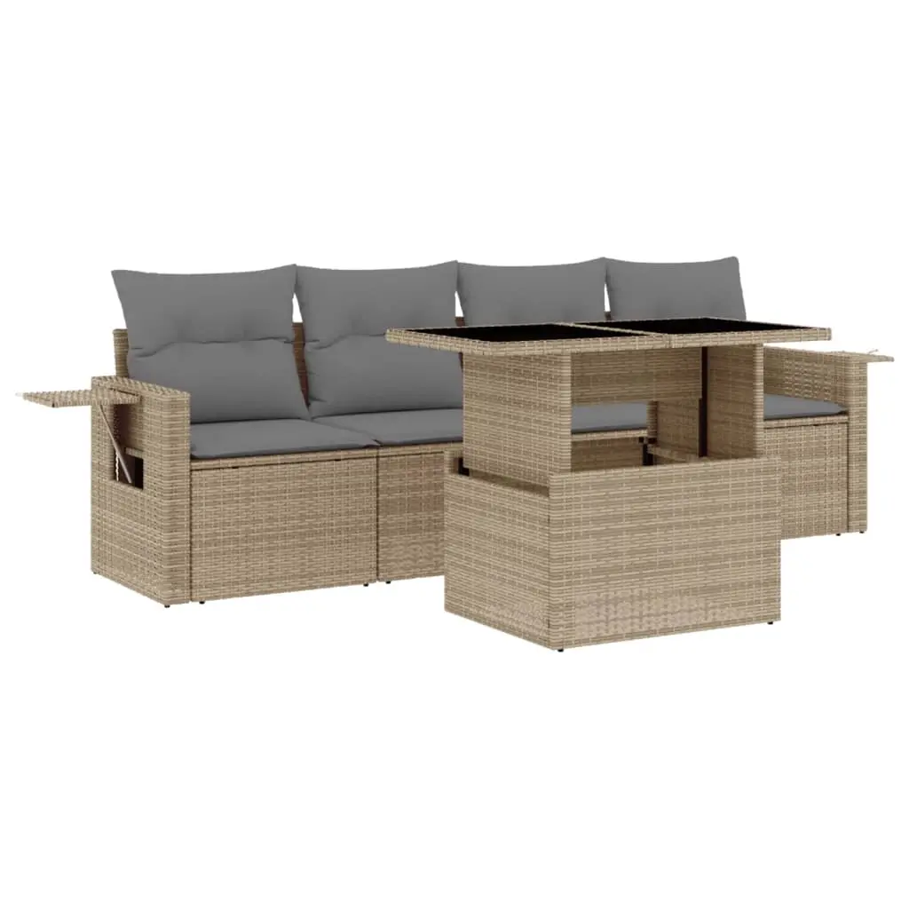 5 Piece Garden Sofa Set with Cushions Beige Poly Rattan 3267729 - Furniture