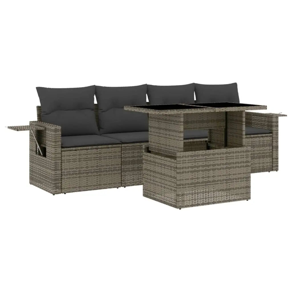 5 Piece Garden Sofa Set with Cushions Grey Poly Rattan 3267730 - Furniture