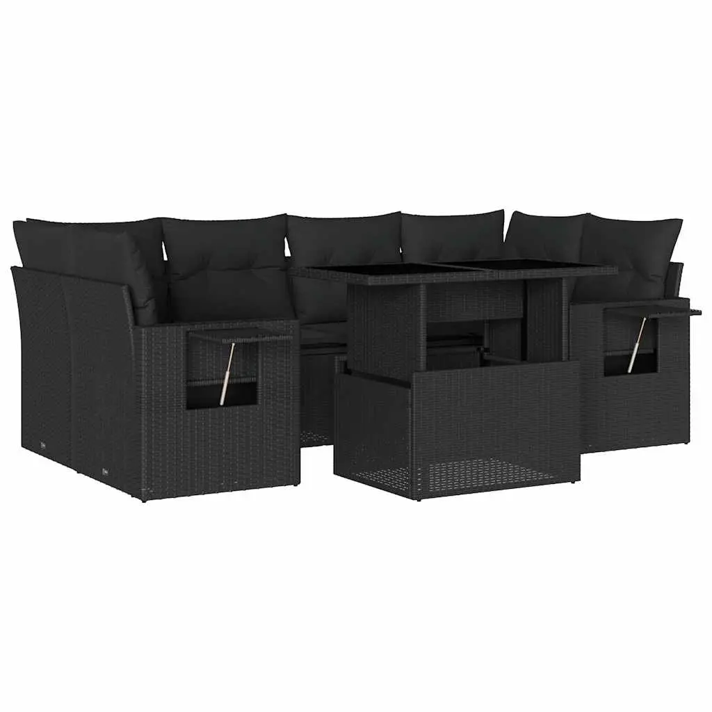 7 Piece Garden Sofa Set with Cushions Black Poly Rattan 3267755 - Furniture