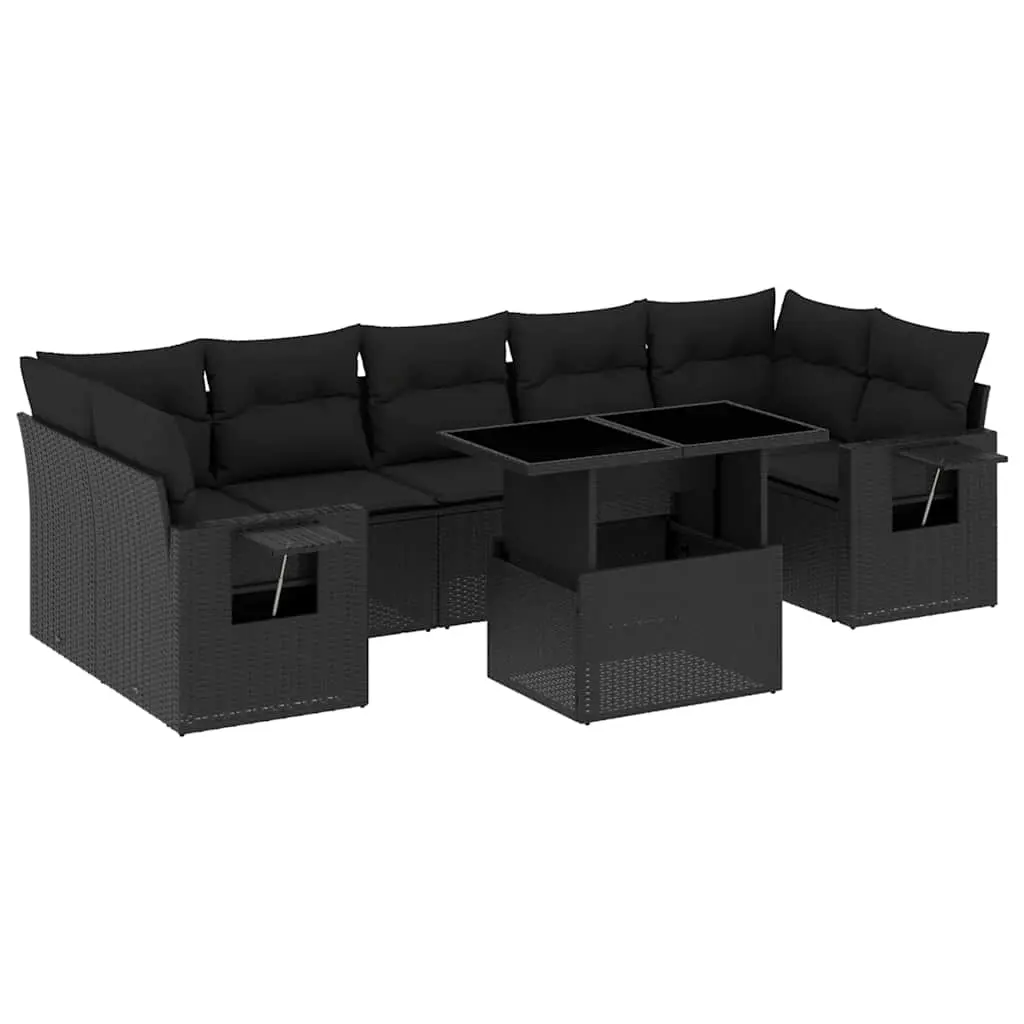 8 Piece Garden Sofa Set with Cushions Black Poly Rattan 3267775 - Furniture