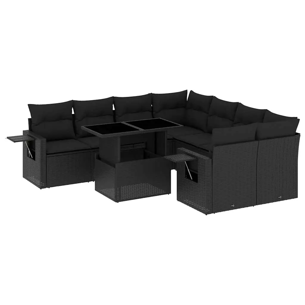 9 Piece Garden Sofa Set with Cushions Black Poly Rattan 3267795 - Furniture