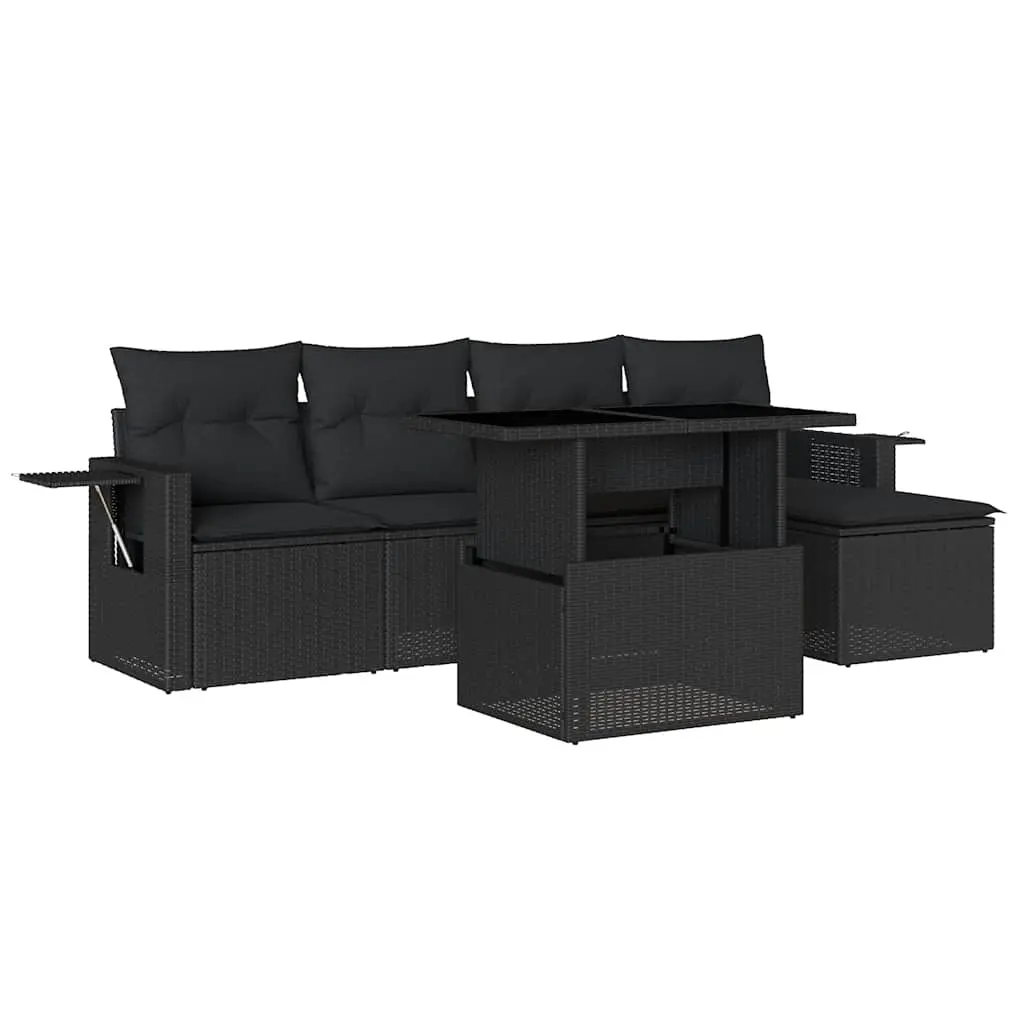 6 Piece Garden Sofa Set with Cushions Black Poly Rattan 3267865 - Furniture