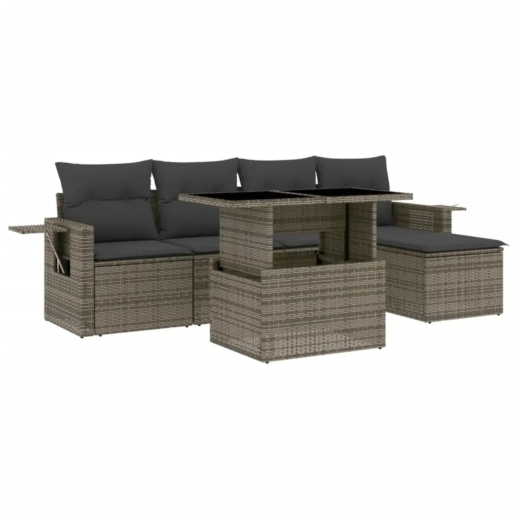 6 Piece Garden Sofa Set with Cushions Grey Poly Rattan 3267870 - Furniture