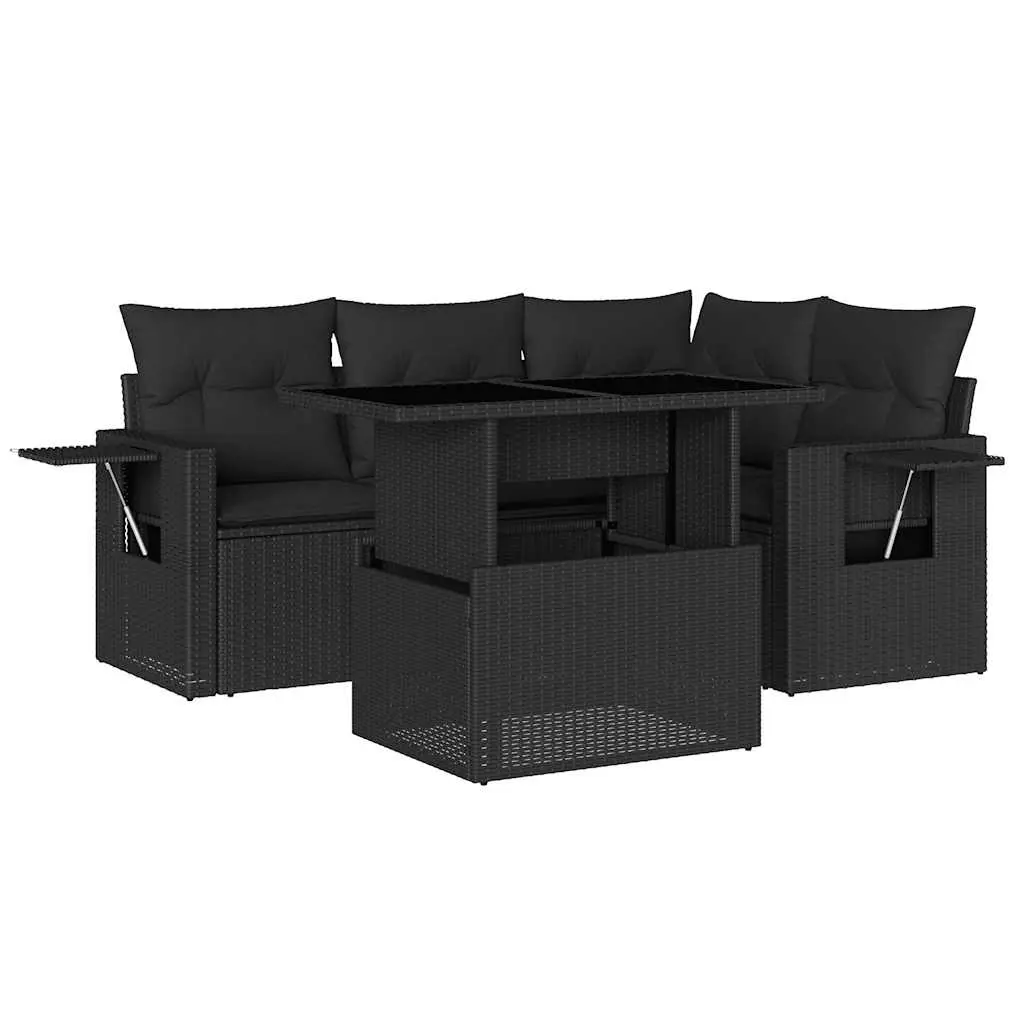 5 Piece Garden Sofa Set with Cushions Black Poly Rattan 3267875 - Furniture