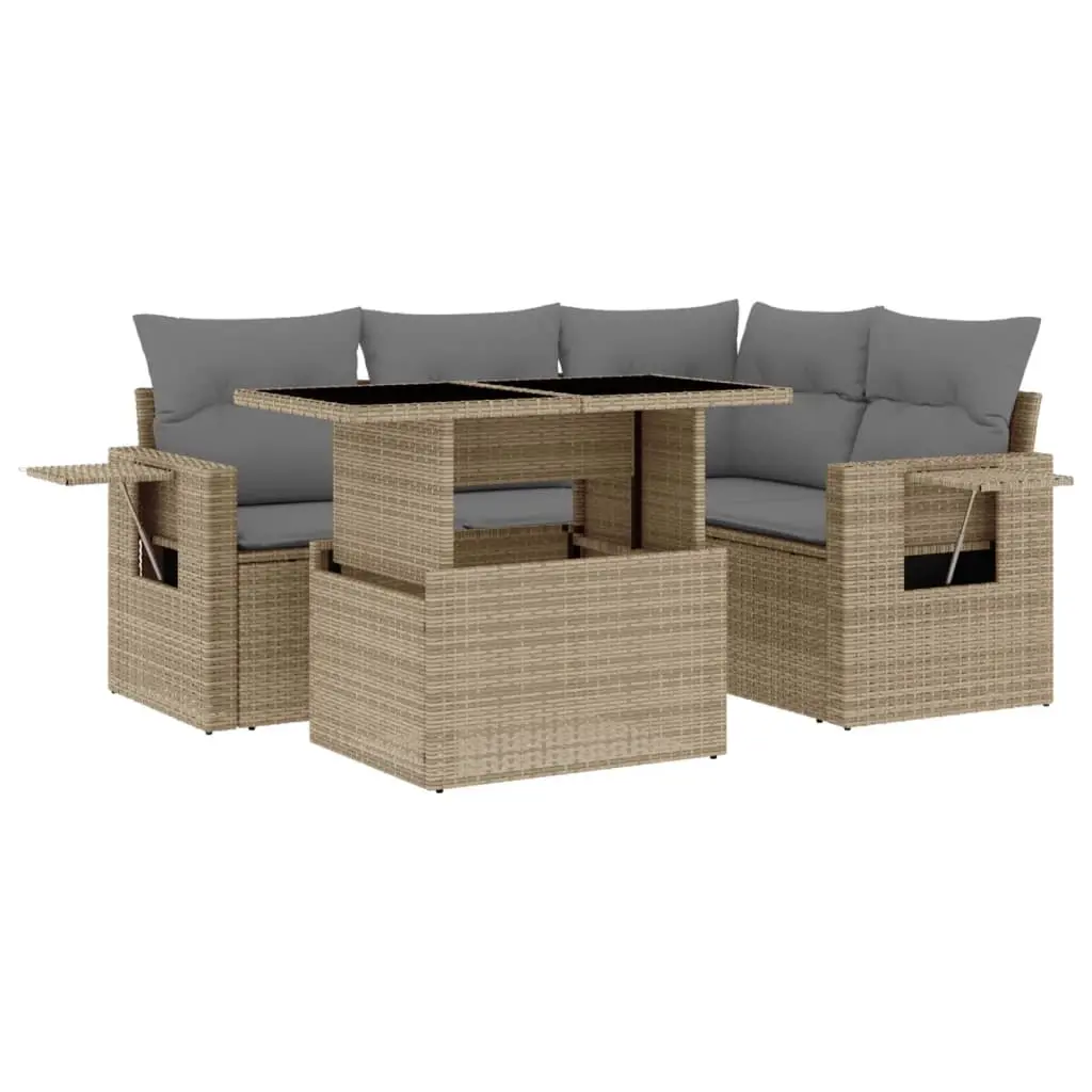 5 Piece Garden Sofa Set with Cushions Beige Poly Rattan 3267879 - Furniture