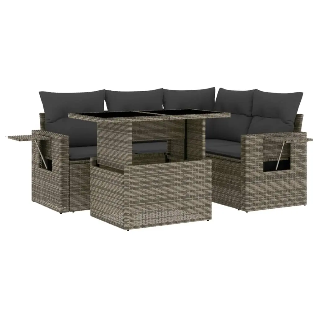 5 Piece Garden Sofa Set with Cushions Grey Poly Rattan 3267880 - Furniture