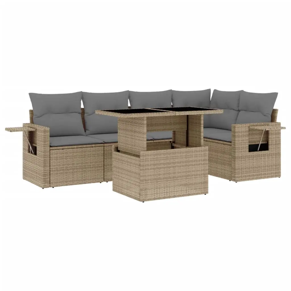 6 Piece Garden Sofa Set with Cushions Beige Poly Rattan 3267889 - Furniture