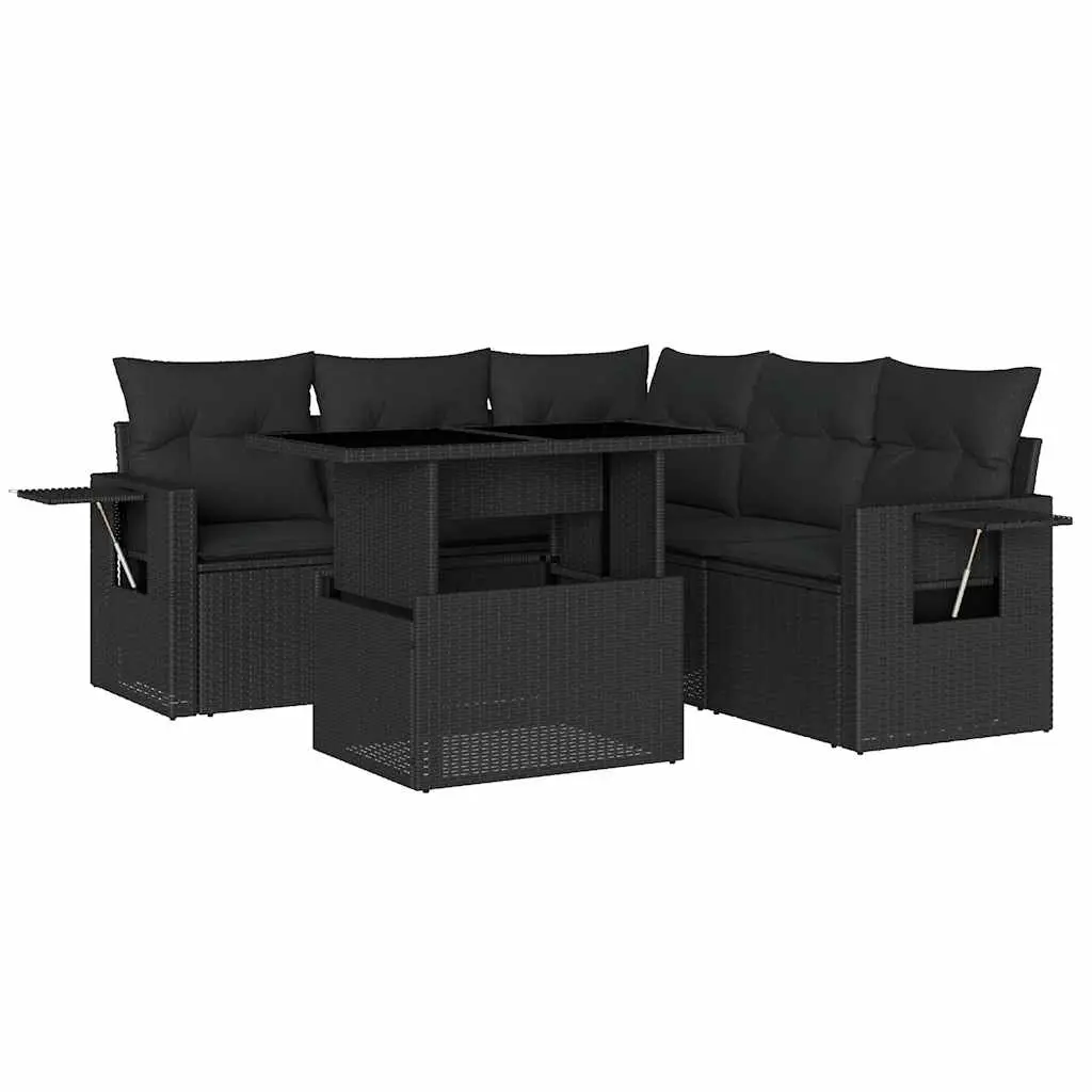 6 Piece Garden Sofa Set with Cushions Black Poly Rattan 3267895 - Furniture
