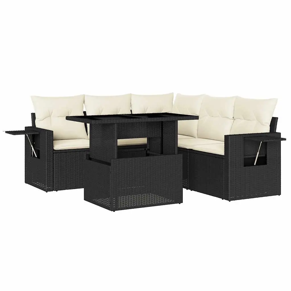 6 Piece Garden Sofa Set with Cushions Black Poly Rattan 3267896 - Furniture