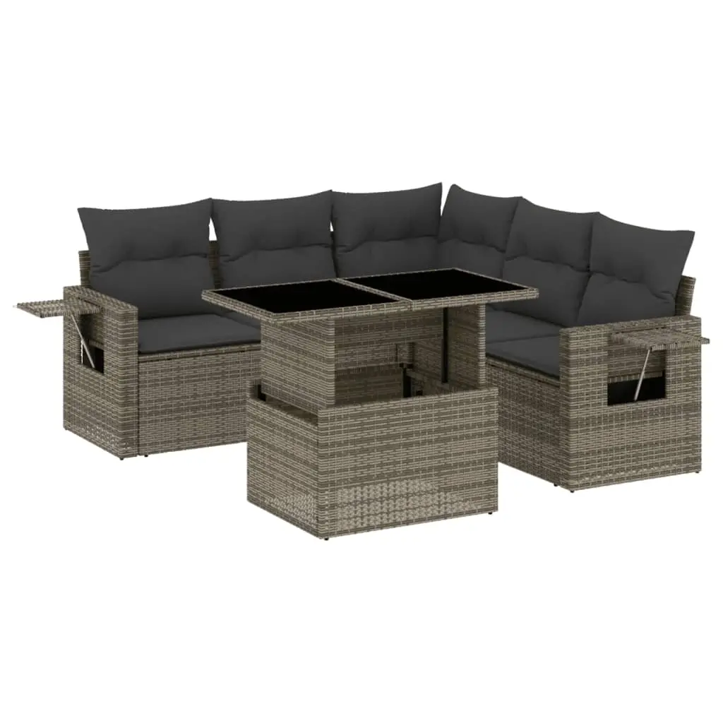 6 Piece Garden Sofa Set with Cushions Grey Poly Rattan 3267900 - Furniture