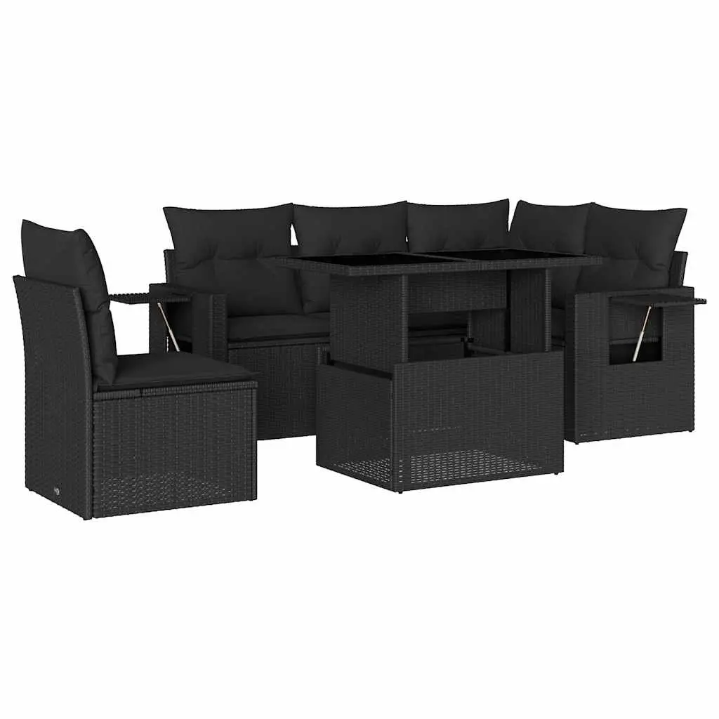 6 Piece Garden Sofa Set with Cushions Black Poly Rattan 3267905 - Furniture
