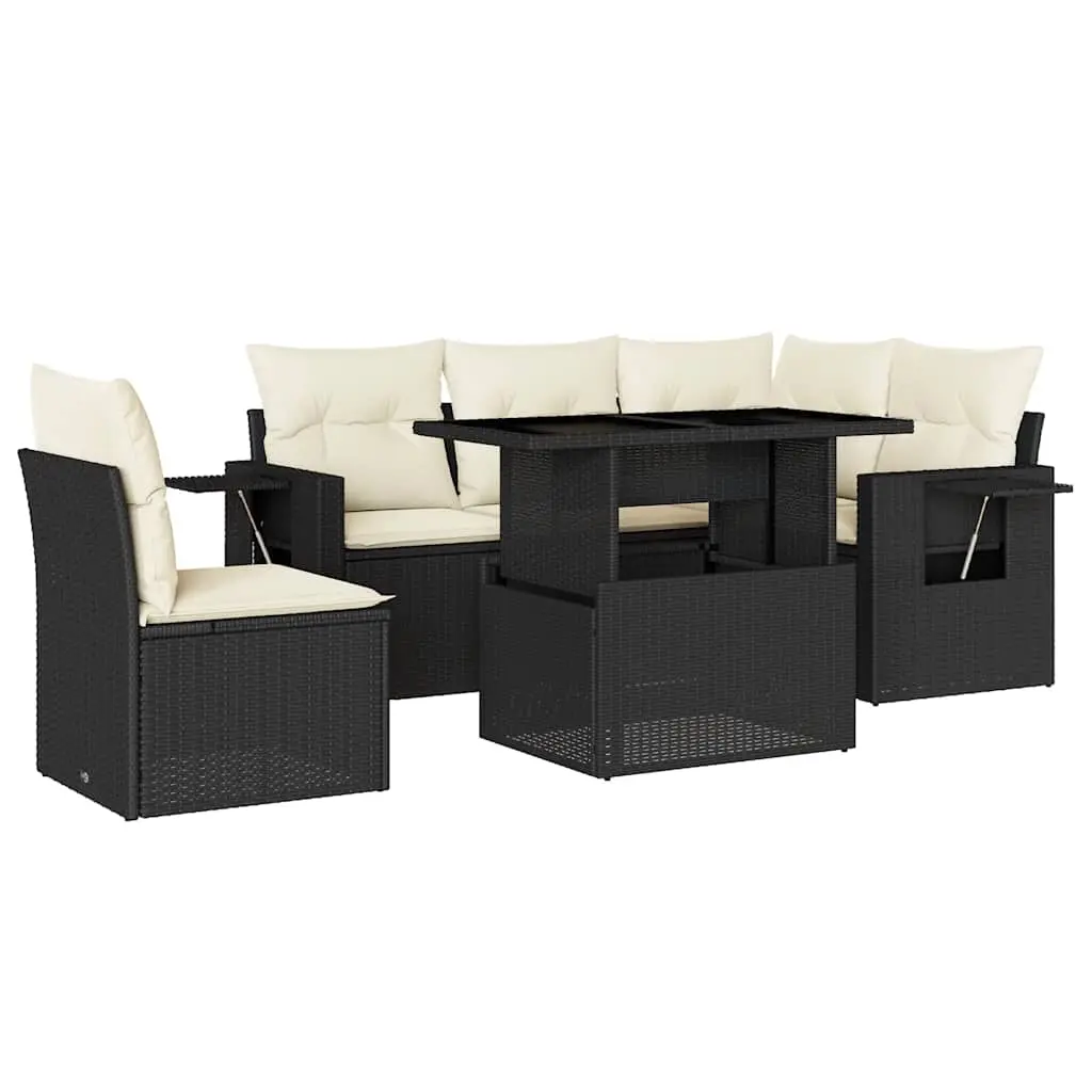 6 Piece Garden Sofa Set with Cushions Black Poly Rattan 3267906 - Furniture