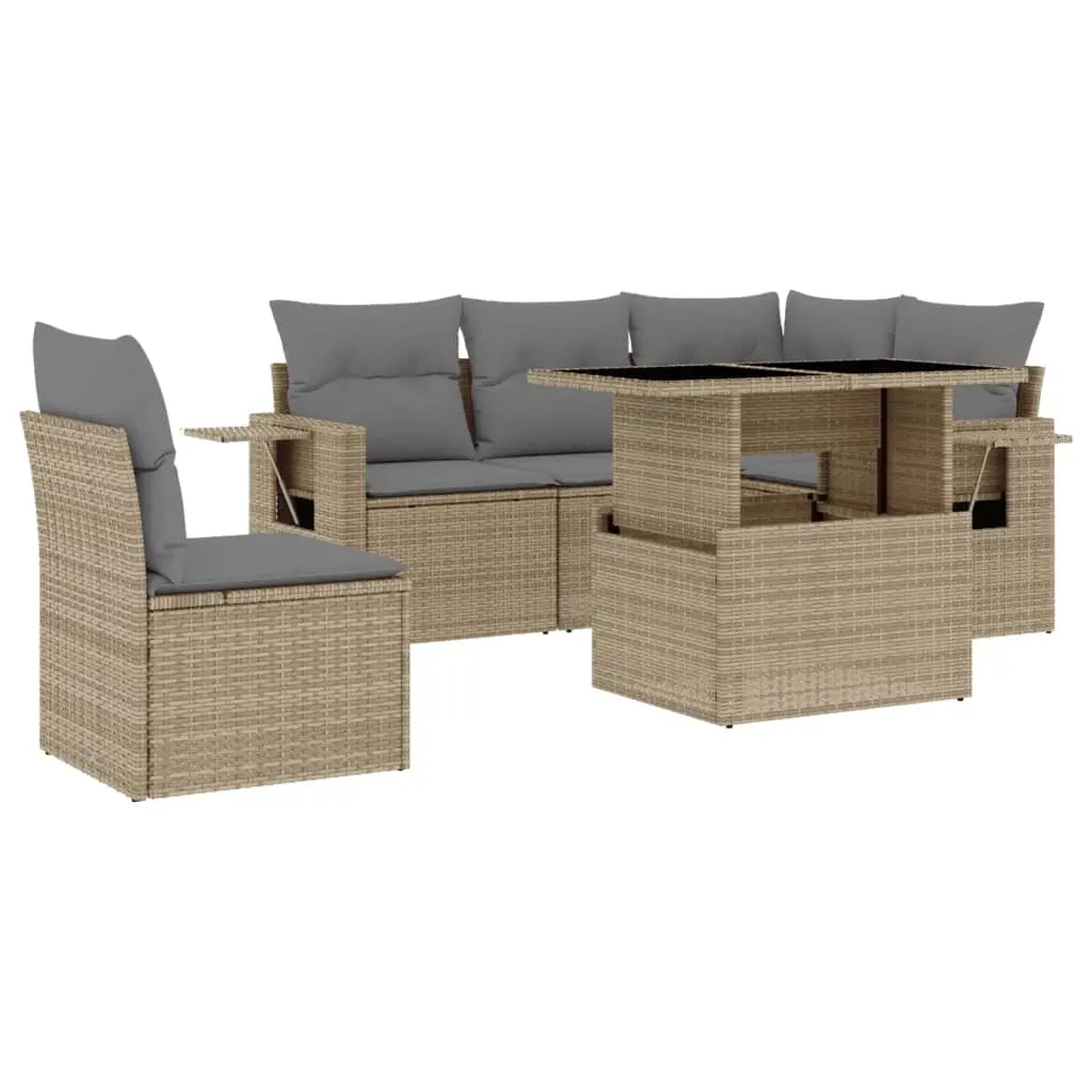 6 Piece Garden Sofa Set with Cushions Beige Poly Rattan 3267909 - Furniture
