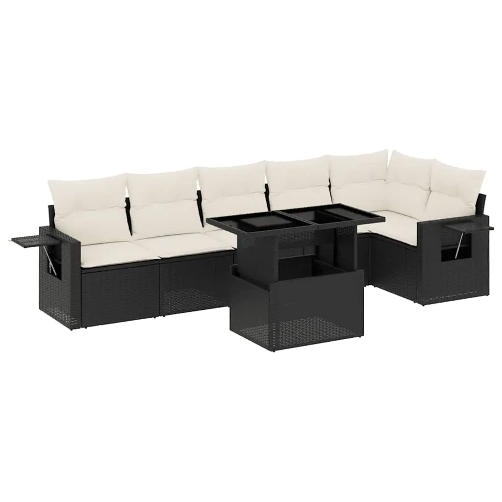 7 Piece Garden Sofa Set with Cushions Black Poly Rattan 3267916 - Furniture