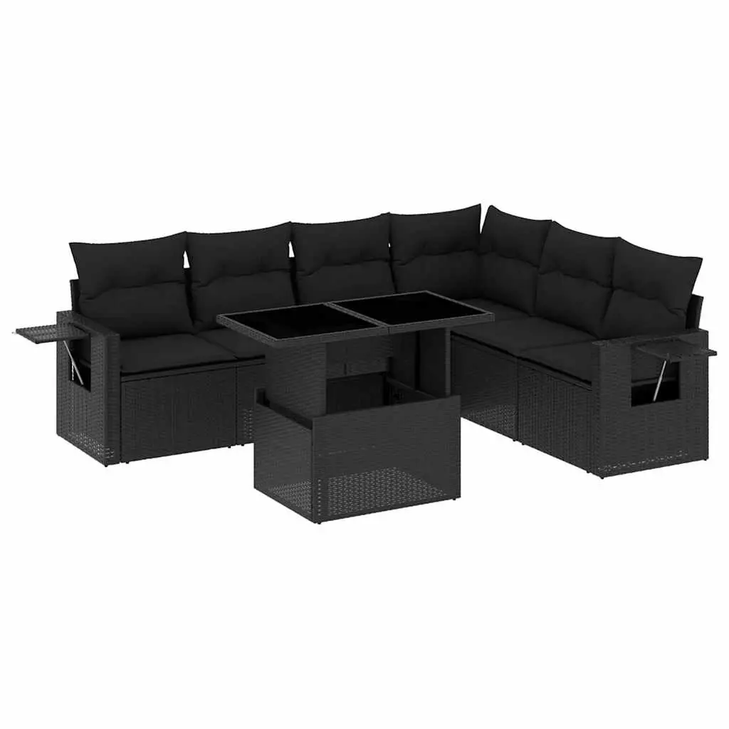 7 Piece Garden Sofa Set with Cushions Black Poly Rattan 3267925 - Furniture