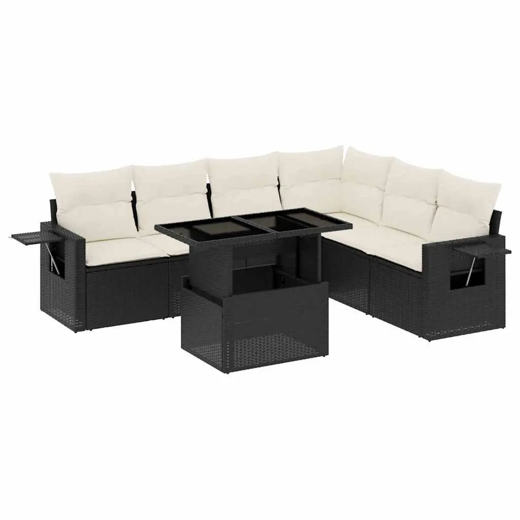 7 Piece Garden Sofa Set with Cushions Black Poly Rattan 3267926 - Furniture