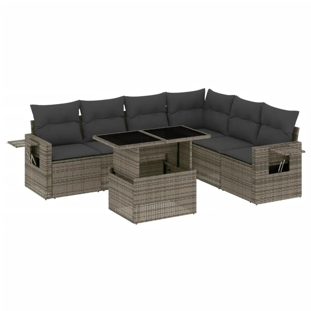 7 Piece Garden Sofa Set with Cushions Grey Poly Rattan 3267930 - Furniture