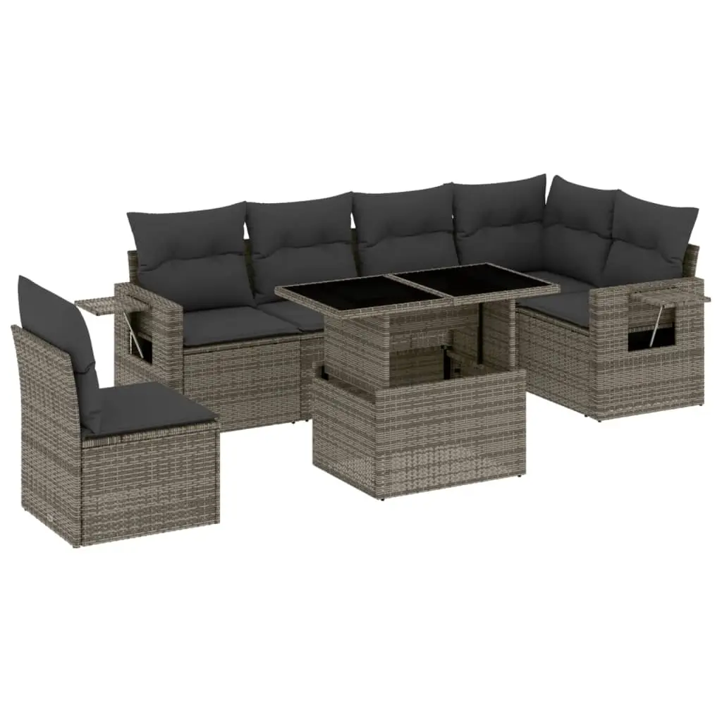 7 Piece Garden Sofa Set with Cushions Grey Poly Rattan 3267940 - Furniture