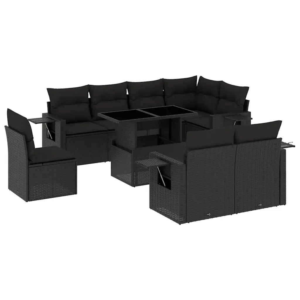 9 Piece Garden Sofa Set with Cushions Black Poly Rattan 3268035 - Furniture