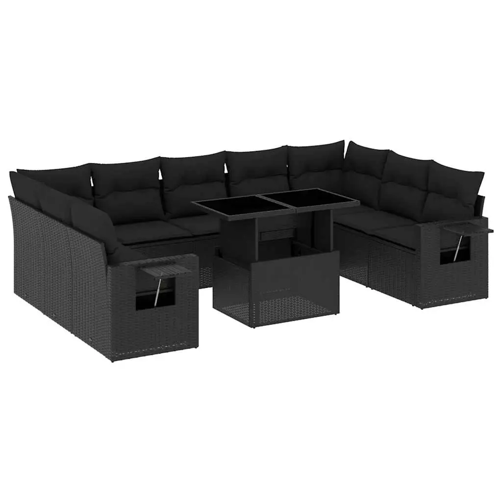 10 Piece Garden Sofa Set with Cushions Black Poly Rattan 3268105 - Furniture