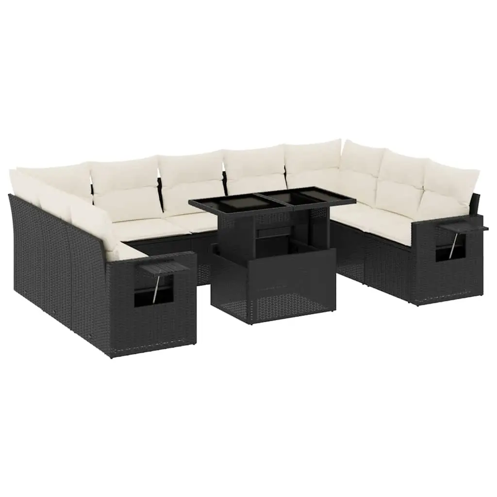 10 Piece Garden Sofa Set with Cushions Black Poly Rattan 3268106 - Furniture