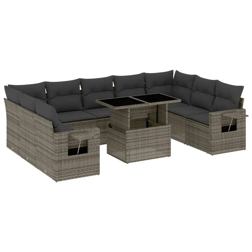 10 Piece Garden Sofa Set with Cushions Grey Poly Rattan 3268110 - Furniture