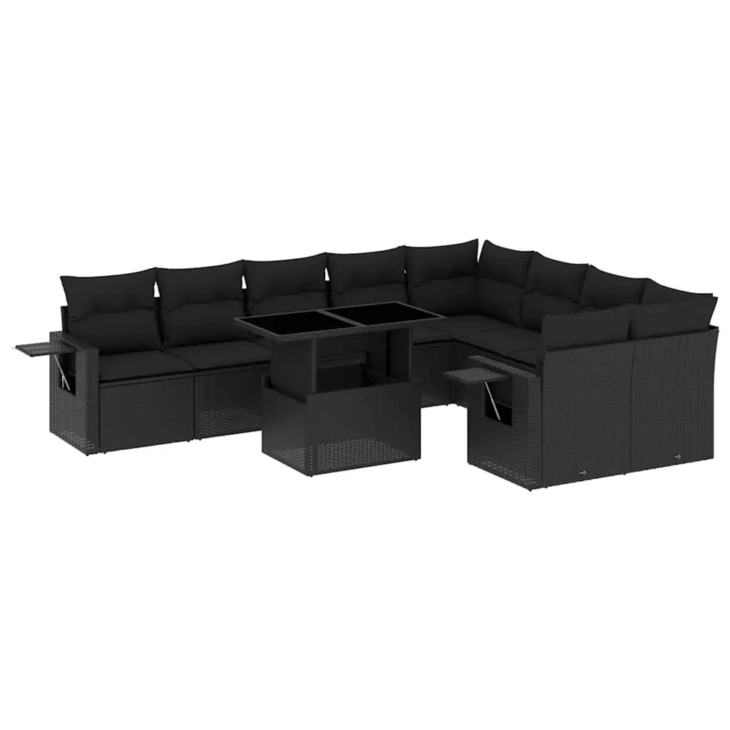 10 Piece Garden Sofa Set with Cushions Black Poly Rattan 3268125 - Furniture