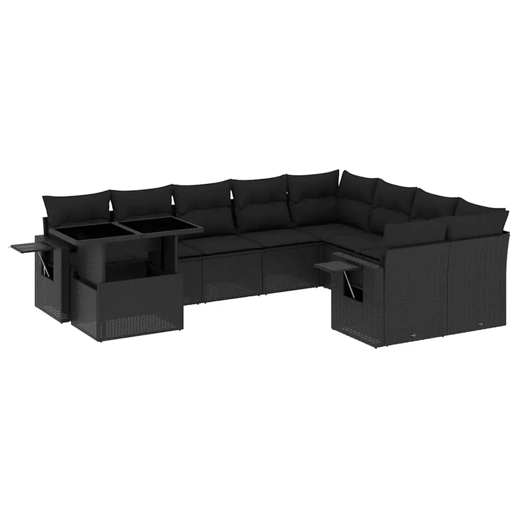 10 Piece Garden Sofa Set with Cushions Black Poly Rattan 3268135 - Furniture