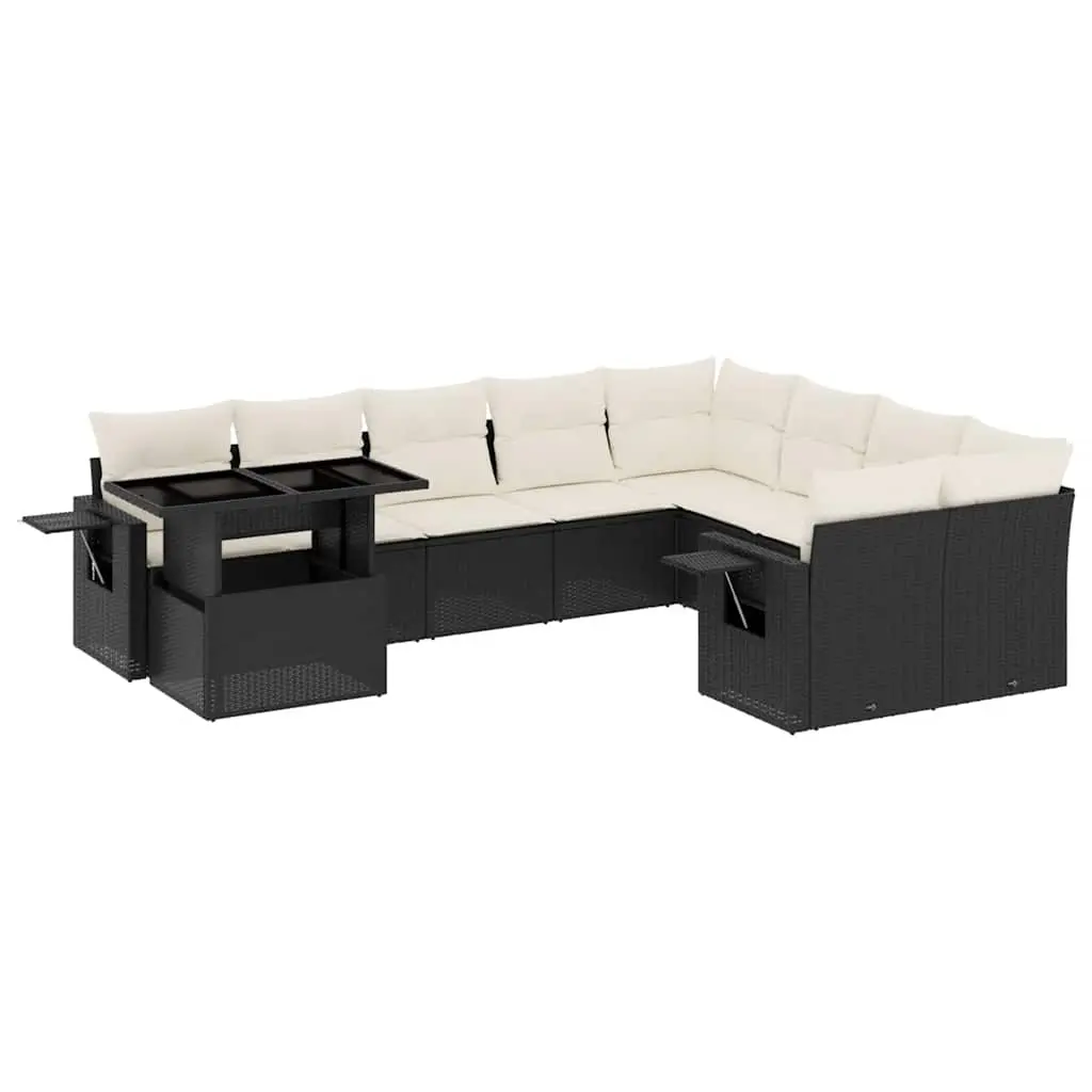 10 Piece Garden Sofa Set with Cushions Black Poly Rattan 3268136 - Furniture