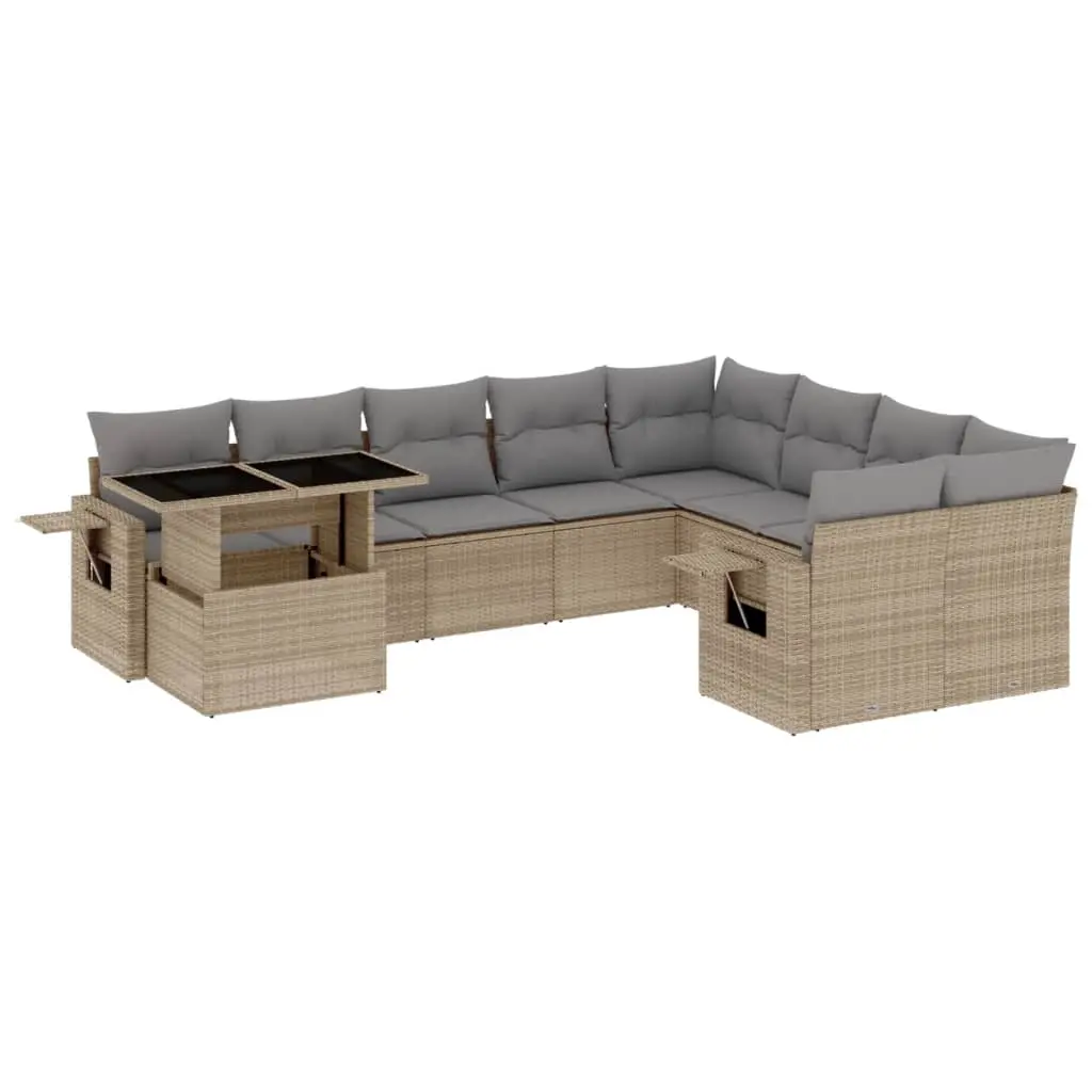 10 Piece Garden Sofa Set with Cushions Beige Poly Rattan 3268139 - Furniture