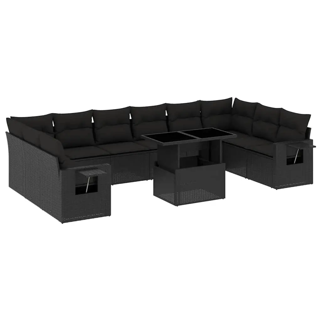 11 Piece Garden Sofa Set with Cushions Black Poly Rattan 3268145 - Furniture