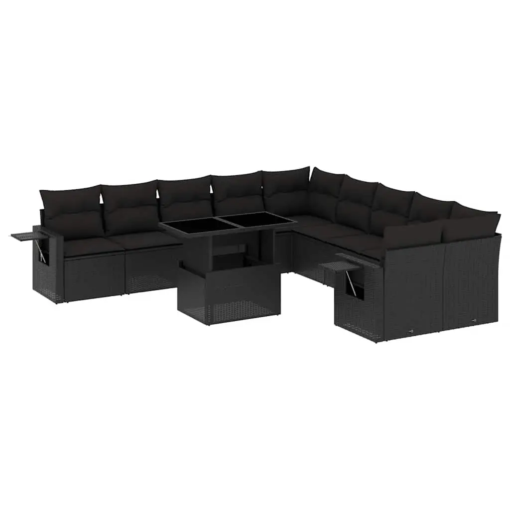 11 Piece Garden Sofa Set with Cushions Black Poly Rattan 3268165 - Furniture