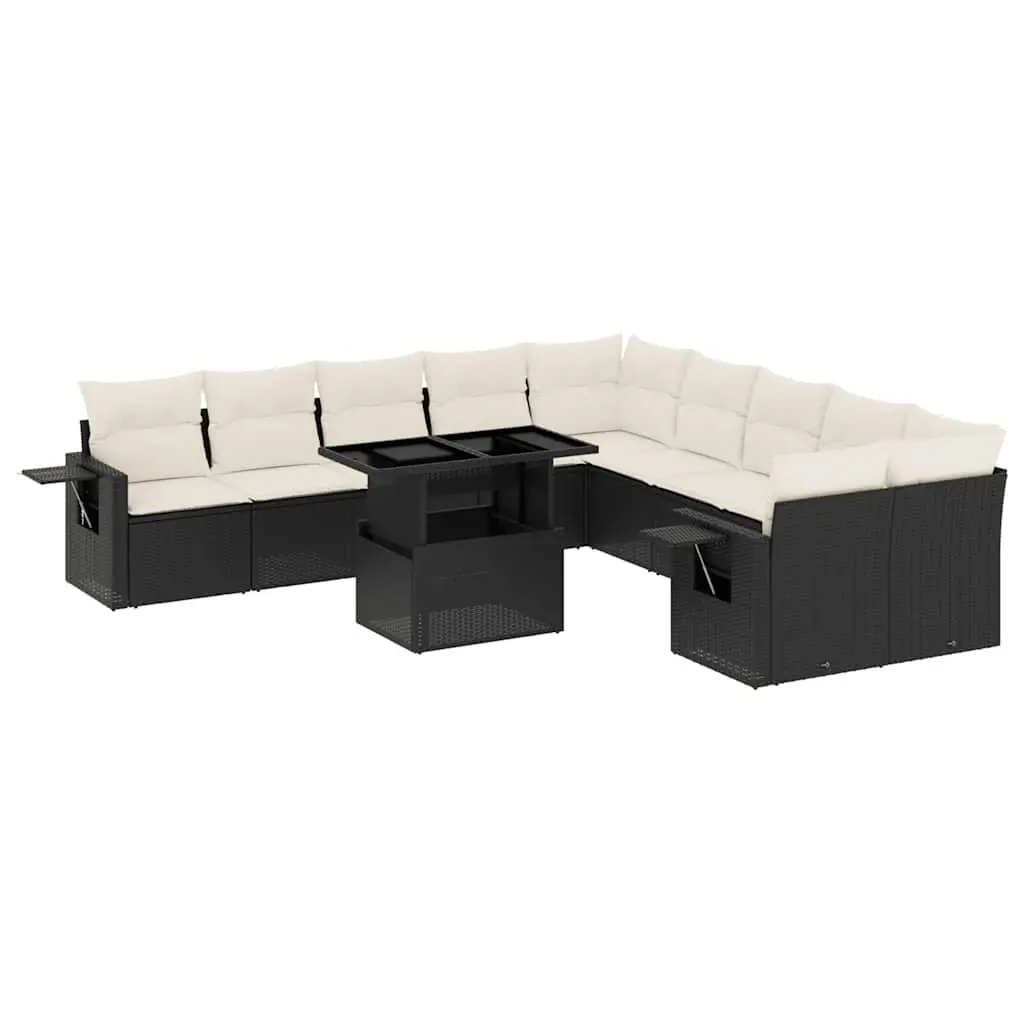 11 Piece Garden Sofa Set with Cushions Black Poly Rattan 3268166 - Furniture