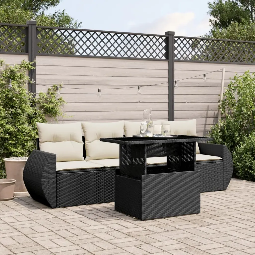 5 Piece Garden Sofa Set with Cushions Black Poly Rattan 3268356 - Furniture