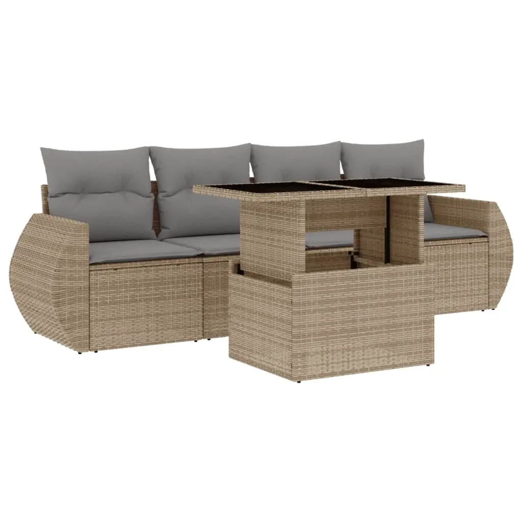 5 Piece Garden Sofa Set with Cushions Beige Poly Rattan 3268359 - Furniture