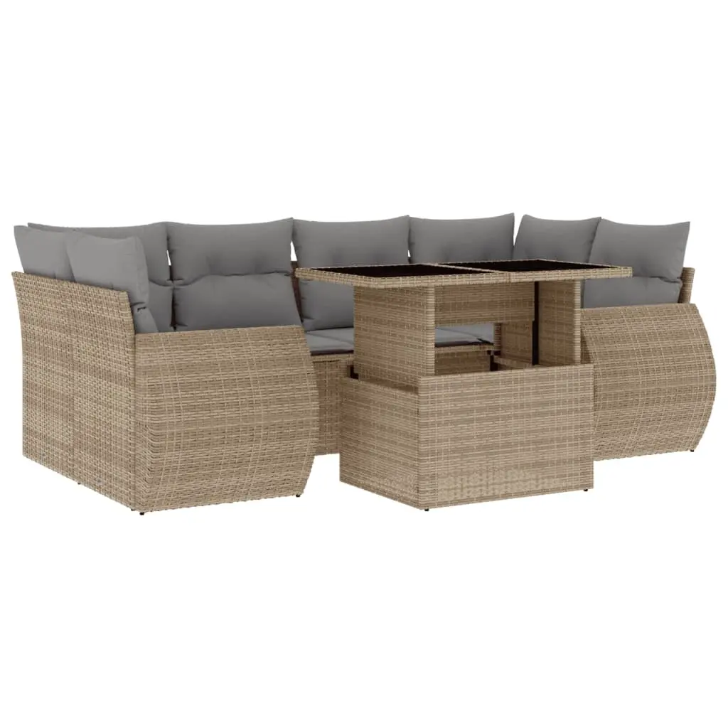 7 Piece Garden Sofa Set with Cushions Beige Poly Rattan 3268389 - Furniture