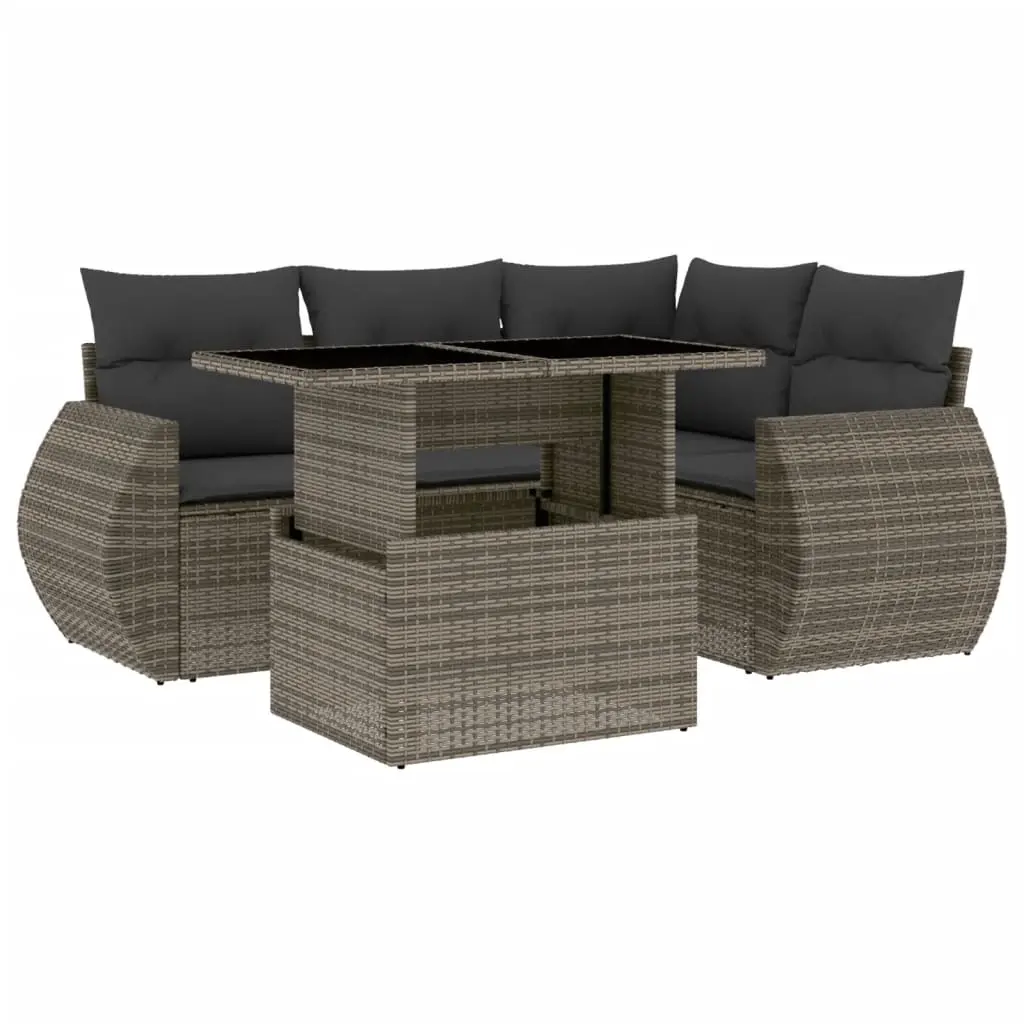 5 Piece Garden Sofa Set with Cushions Grey Poly Rattan 3268510 - Furniture