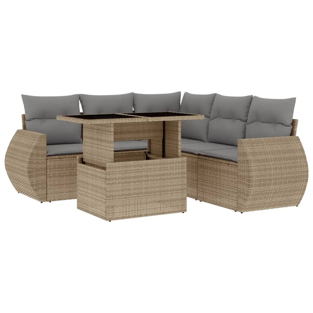 6 Piece Garden Sofa Set with Cushions Beige Poly Rattan 3268529 - Furniture