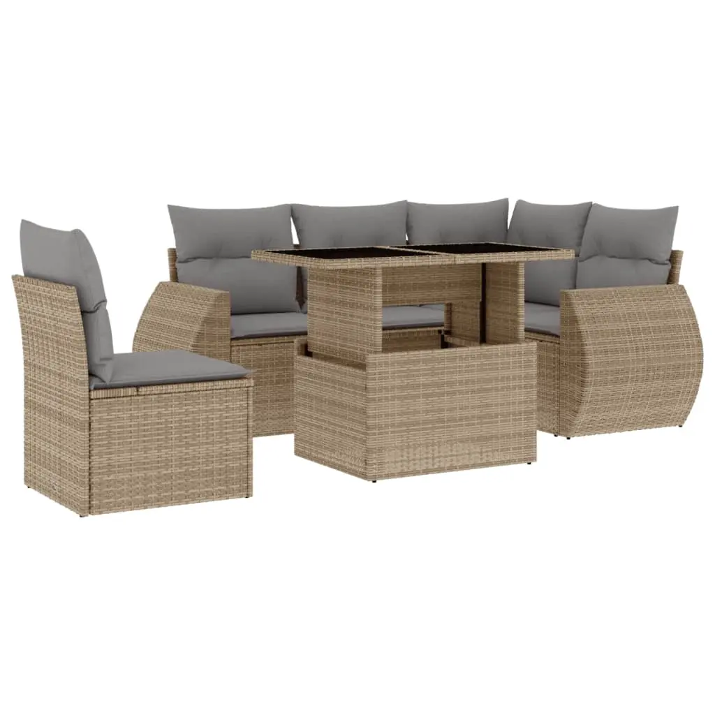 6 Piece Garden Sofa Set with Cushions Beige Poly Rattan 3268539 - Furniture