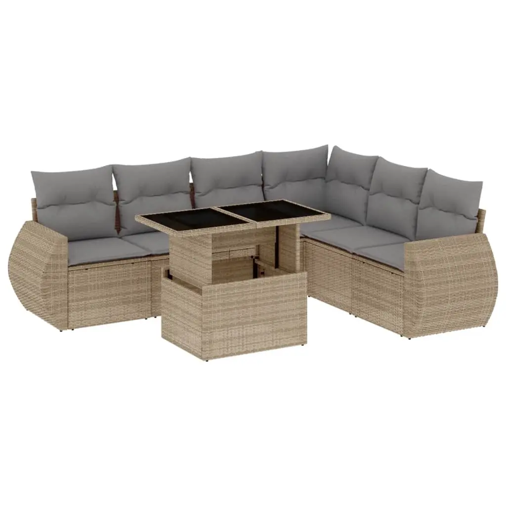 7 Piece Garden Sofa Set with Cushions Beige Poly Rattan 3268559 - Furniture